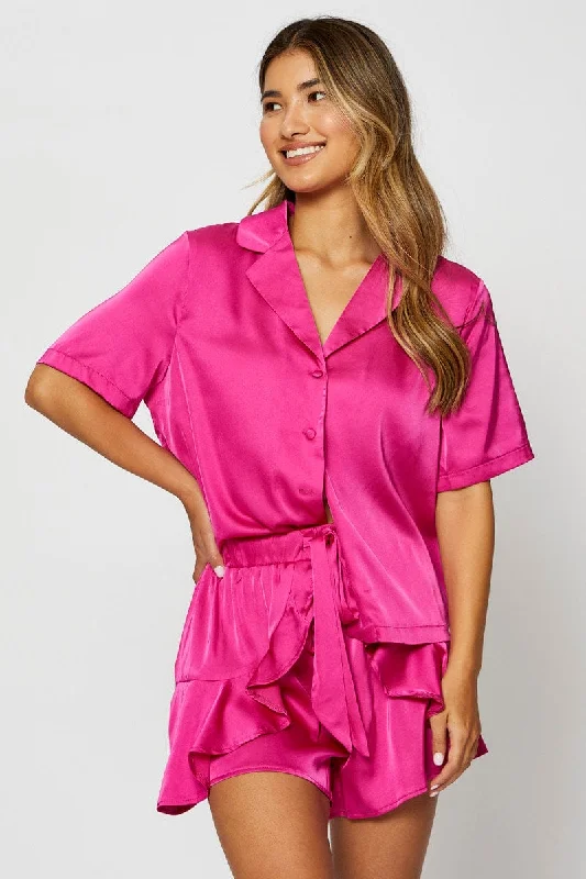 Stylish Women's Garments Pink Satin Pajamas Set Short Sleeve