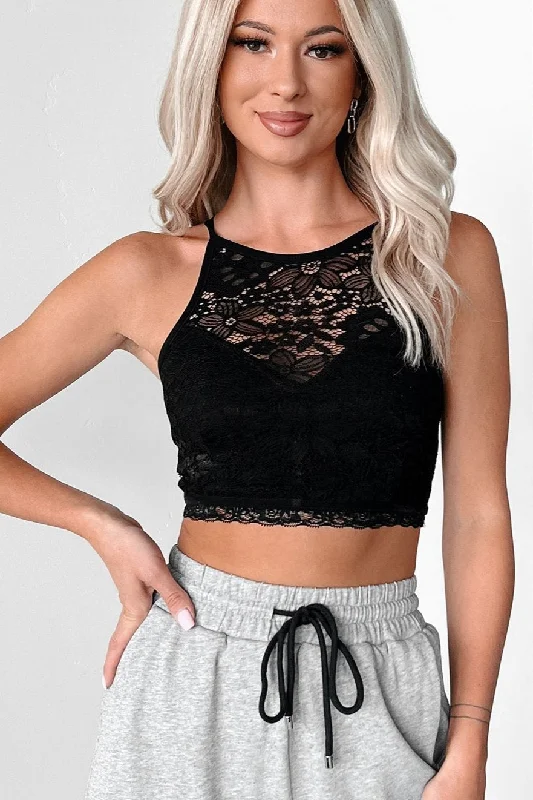 Women's Transitional Outfit Perfectly Flirtatious Lace Halter Bralette Top (Black)