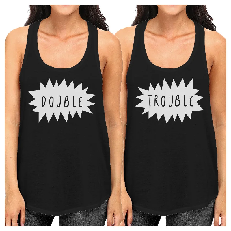 Women's Activewear Attire Double Trouble BFF Matching Black Tank Tops