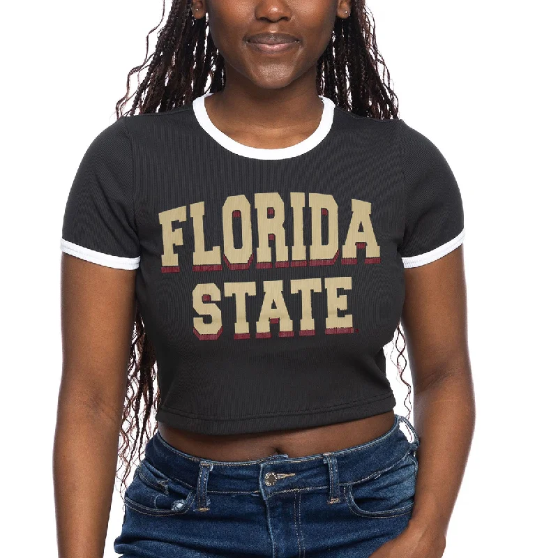 Stylish Women's Outerwear Apparel ZooZatz Women's Florida State Short Sleeve Crop Ringer Baby T-shirt - Black