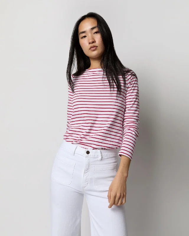 Street Chic Discounts Long-Sleeved Boatneck Tee in White/Red Stripe Jersey