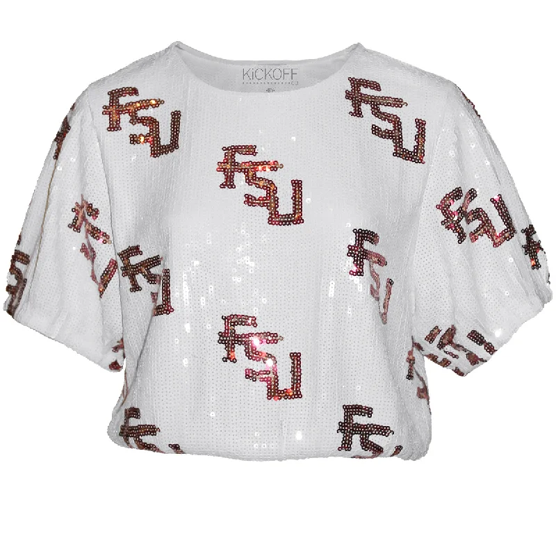 Women's Professional Garments Capri Designs Women's Stacked FSU Short Sleeve Sequin Crop Top - White