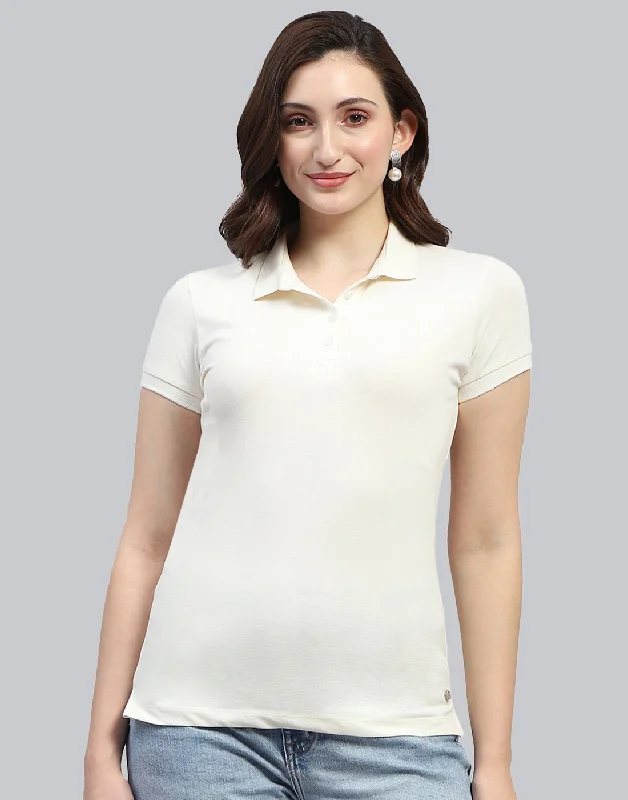 Contemporary Fashion Sale Women Off White Solid Polo Collar Half Sleeve T Shirt