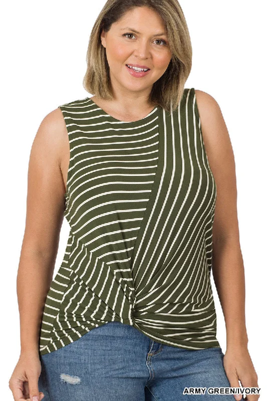 Sustainable Fashion Extravaganza Plus Size Striped Knot Front Sleeveless Top (Multiple Colors)