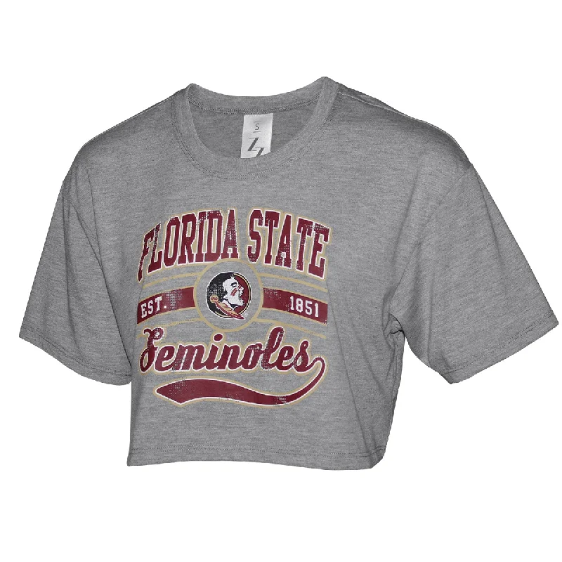 Fashionable Women's Casual Apparel ZooZatz Women's Florida State Seminoles/Seminole Logo Design Short Sleeve Boxy Crop T-shirt - Grey