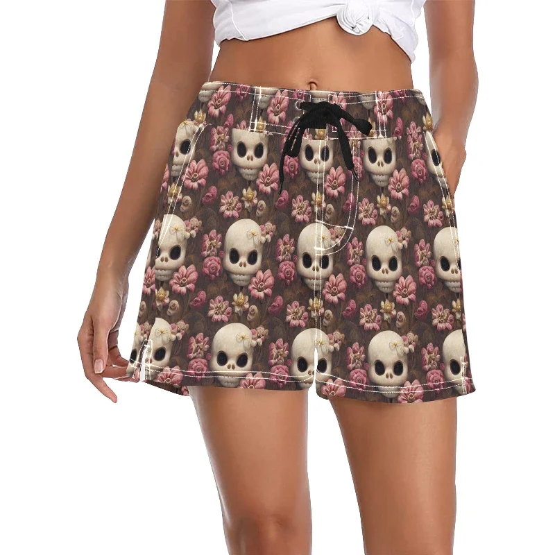 Chic Women's Outfit Women's Cute Pink Flower Skull Board Shorts