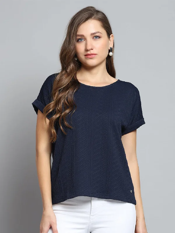 Casual Yet Chic Sales Women Navy Blue Printed Round Neck Half Sleeve Top