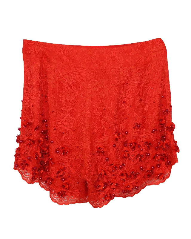 Stylish Women's Attire Jenny Packham Embellished Shorts in Red Lace