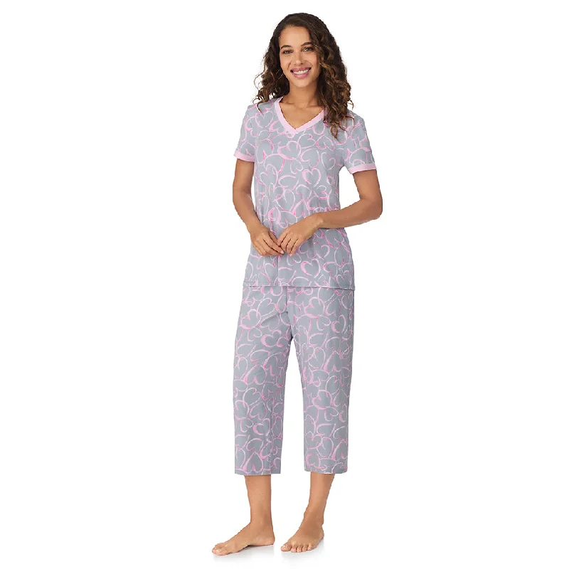 Stylish Women's Apparel Cotton-Blend Short Sleeve Top with Cropped Pant 2-Pc Pajama Set