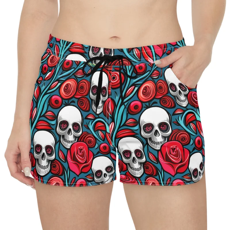 New Season Fashion Preview Sale Women's Red Roses White Skulls Casual Shorts