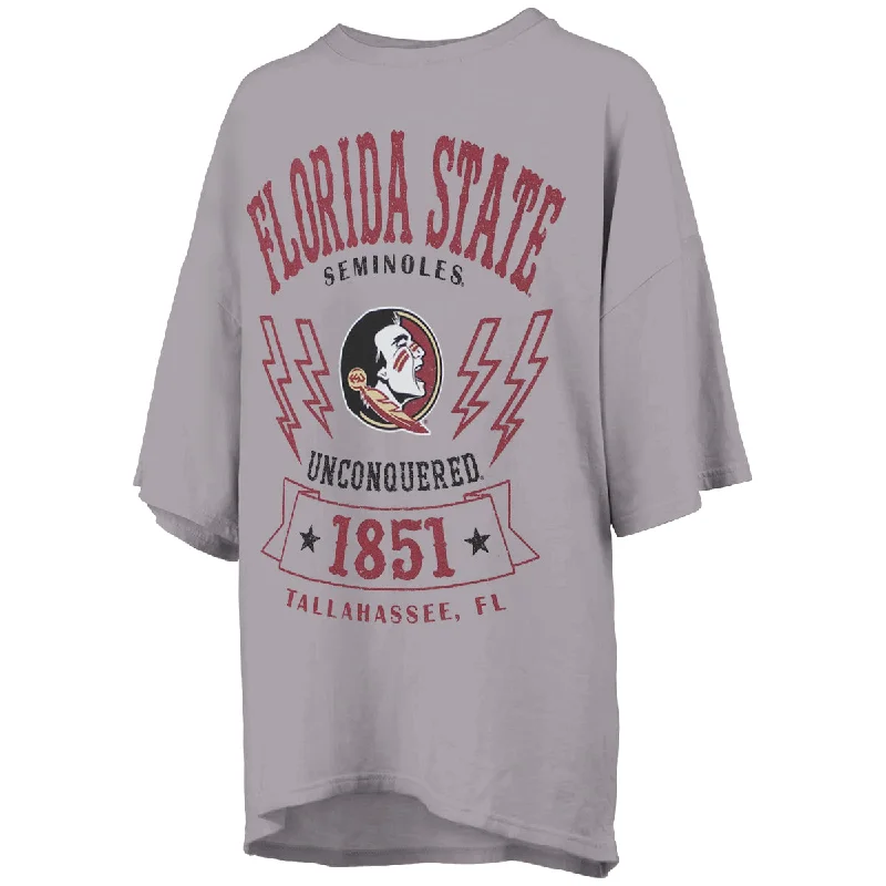 Stylish Women's Clothing Pressbox Women's Florida State Seminoles Seminole Logo Lightning Bolt Design Oversized Short Sleeve T-shirt - Silver