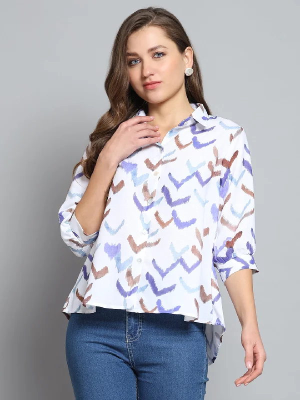 Sophisticated Street Style Offers Women Off White Printed Collar 3/4th Sleeve Top