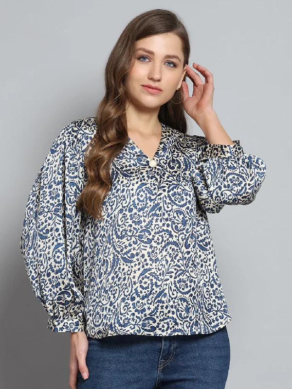 Smart Casual Deals Women Blue Printed V Neck Full Sleeve Top