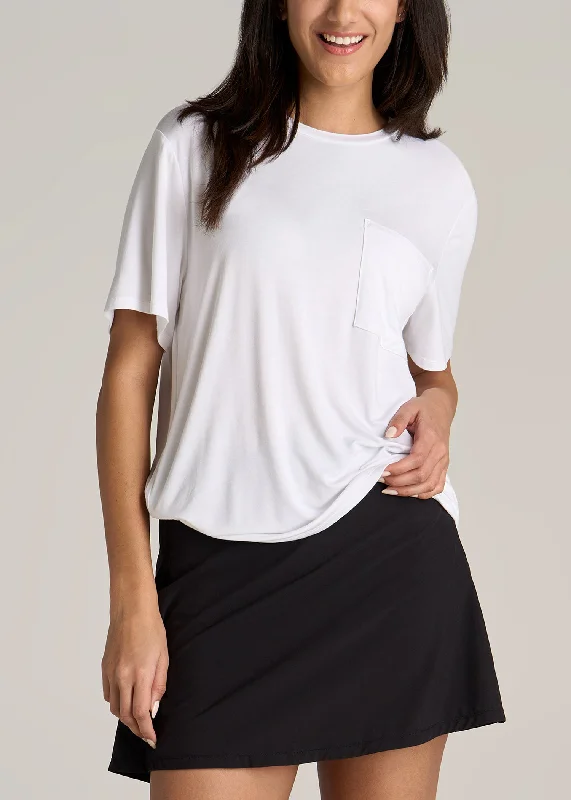 Women's Activewear Garments Short-Sleeve Oversized Crewneck Pocket T-Shirt for Tall Women in White