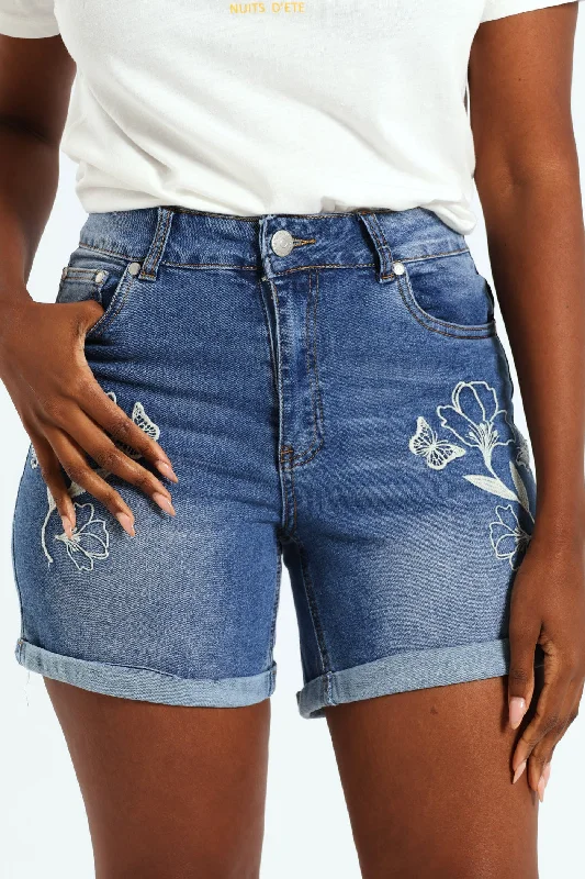 Exclusive Fashion Deals Embroidered Mid Thigh Short - Medium Wash