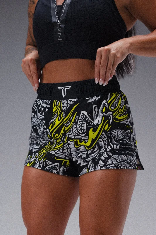 Sustainable Fashion Extravaganza Iron Dragon Women's Fight Shorts (3" Inseam) - Black Acid