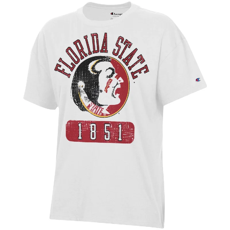 Women's Elegant Evening Attire Champion Women's Vault Florida State 1851 Seminole Logo Design Oversized Short Sleeve T-shirt - White