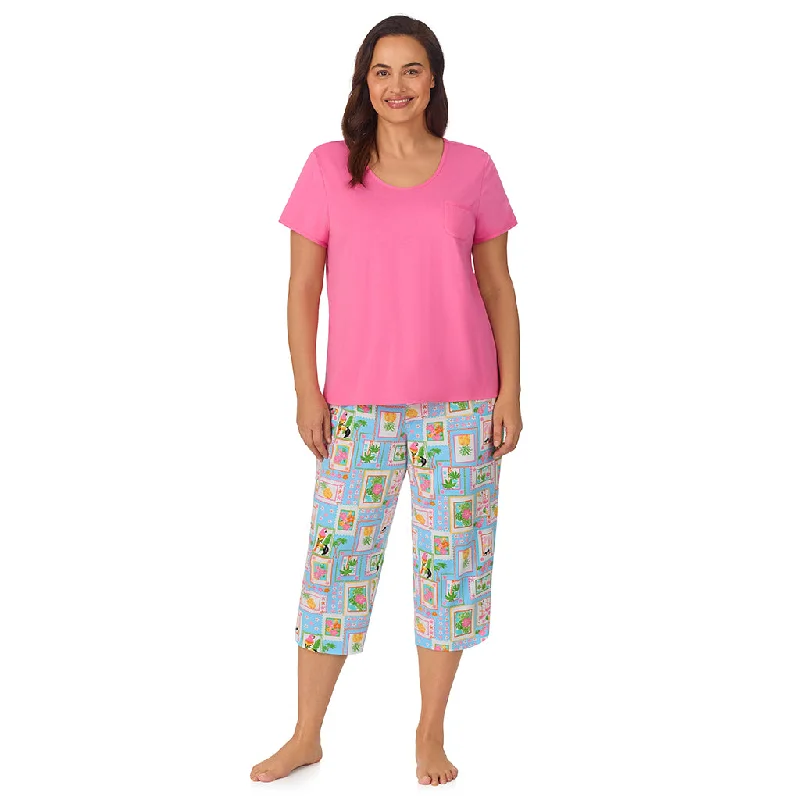 Women's Office Clothing Cotton-Blend Short Sleeve Top with Cropped Pant 2-Pc Pajama Set PLUS