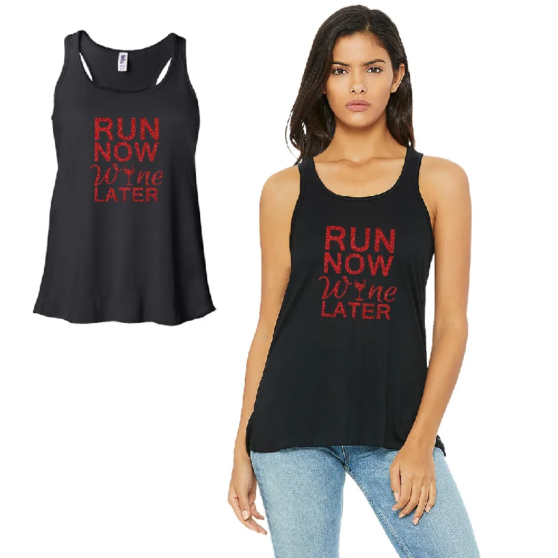 Women's Athleisure Apparel Run Now Wine Later-RED Work Out Womens Black Tank Top