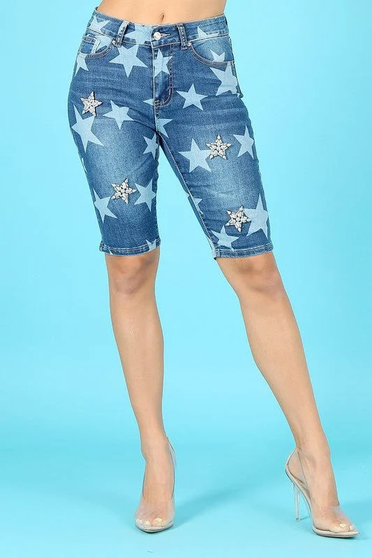 Comfortable Lounge Clothing The Star Print Knee-Length Denim Shorts