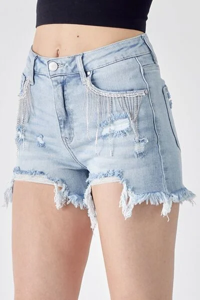 Don't Miss Out RISEN Frayed Hem Denim Shorts with Fringe Detail Pockets