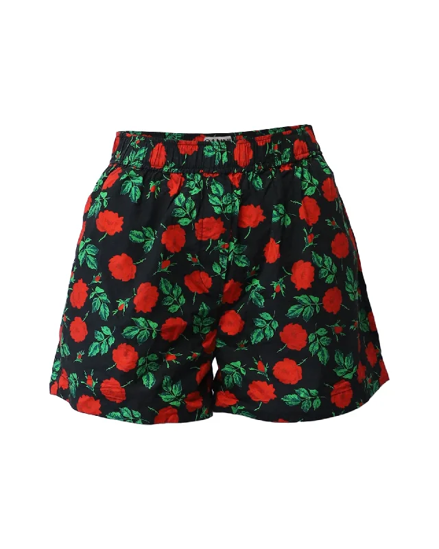 Feminine Style Promotions Ganni Rose Print Shorts in Black Cotton