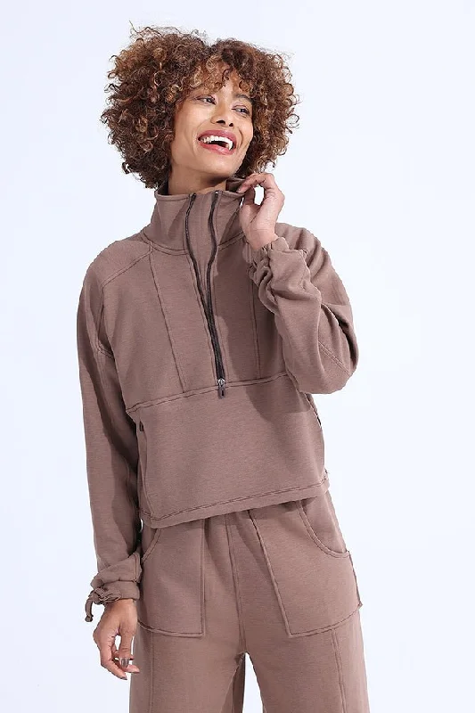 Affordable Women's Apparel Brown Modal Zip Sweatshirt