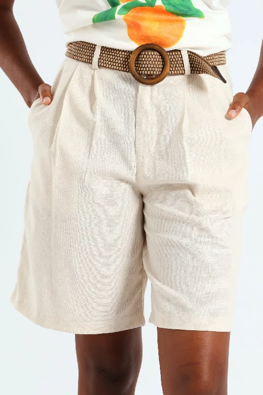 Women's Clothing Sets Raffia Belted Pleated Bermuda Shorts - Oatmeal Melange