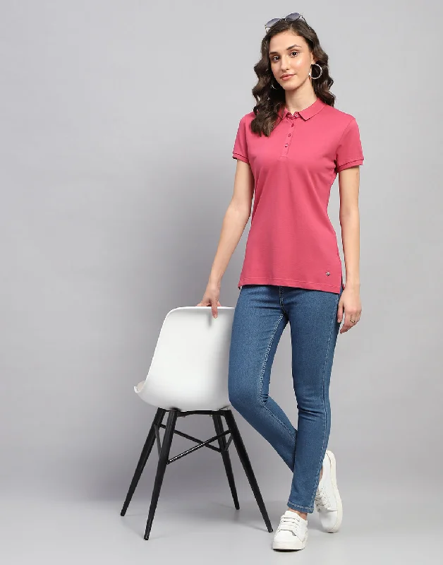 Street Style Discounts Women Pink Solid Polo Collar Half Sleeve T Shirt