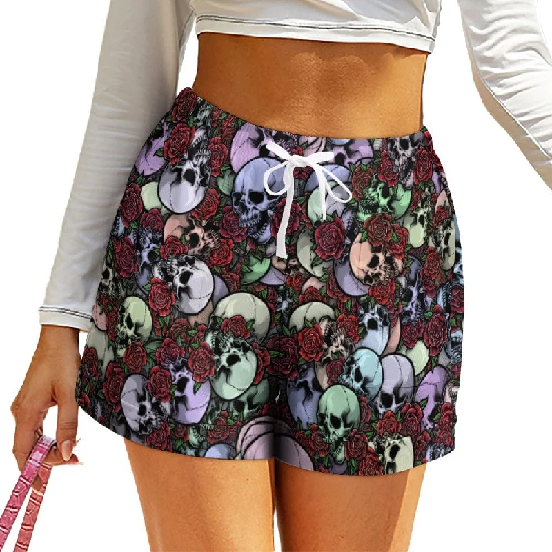 Stylish Statements Women's Skuls and Roses High Waist Loose Elastic Waist Shorts